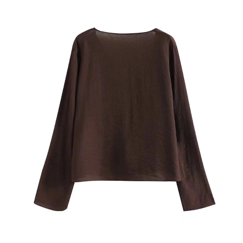YENKYE Spring 2025 Women Brown Long Sleeve V Neck Ruffle Shirt Office Casual Blouse Blusas Mujer 2