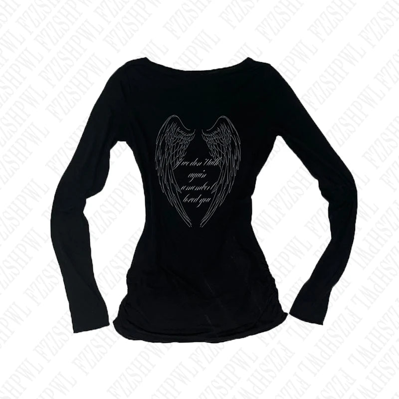 Gothic Harajuku Vintage Punk Emo Girls Long Sleeve Tee Sexy Slim Chic Printing Crop Tops Grunge Y2K Aesthetic Women's Streetwear 2