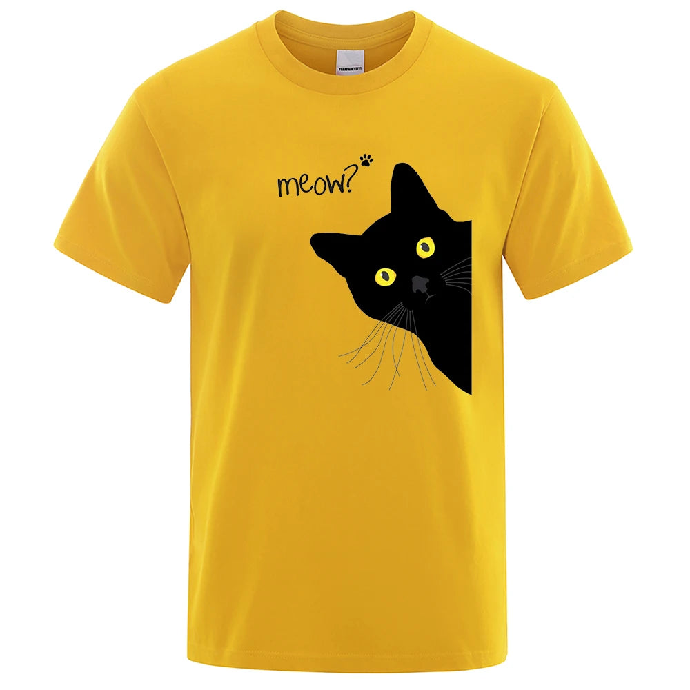 Black Cat Print T-Shirt - Funny Meow Design, Men's Loose Fit Summer Top