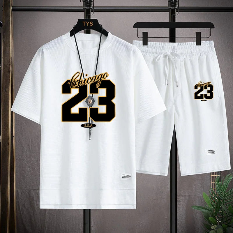 High Quality Men's Korea Comfortable and Summer  Fashion Print Sports Suit Fitness Jogging Daily Casual Wear Beach Shorts Set 2