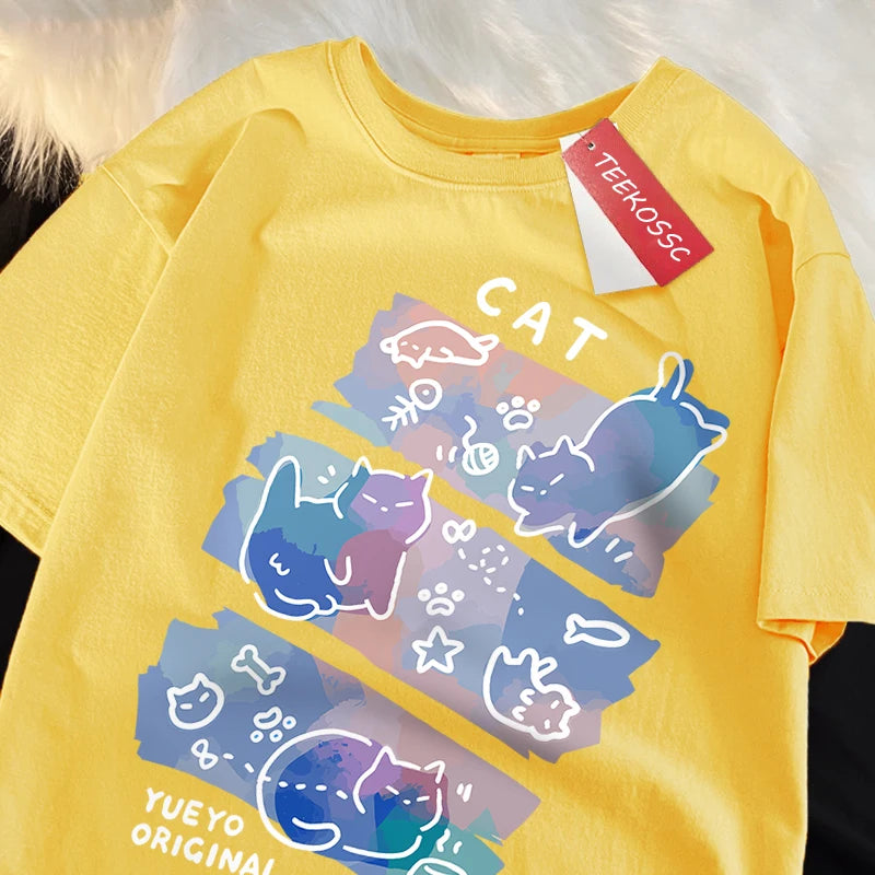 Fun Mischievous Cat Print Japanese Style T-Shirts Men 4