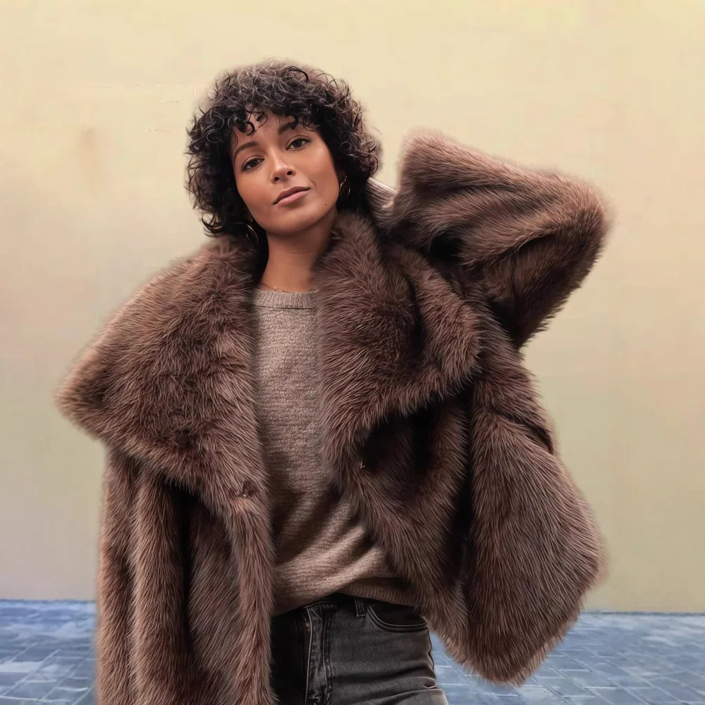 2025 Winter New Fashion Solid Color Fluffy Fur Coat Women High Street Luxury Big Fur Collar Faux Fox Fur Jacket Female Overcoats 4