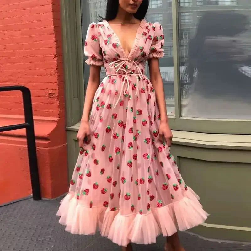 French Style Strawberry Two-Tone V-Neck Gown