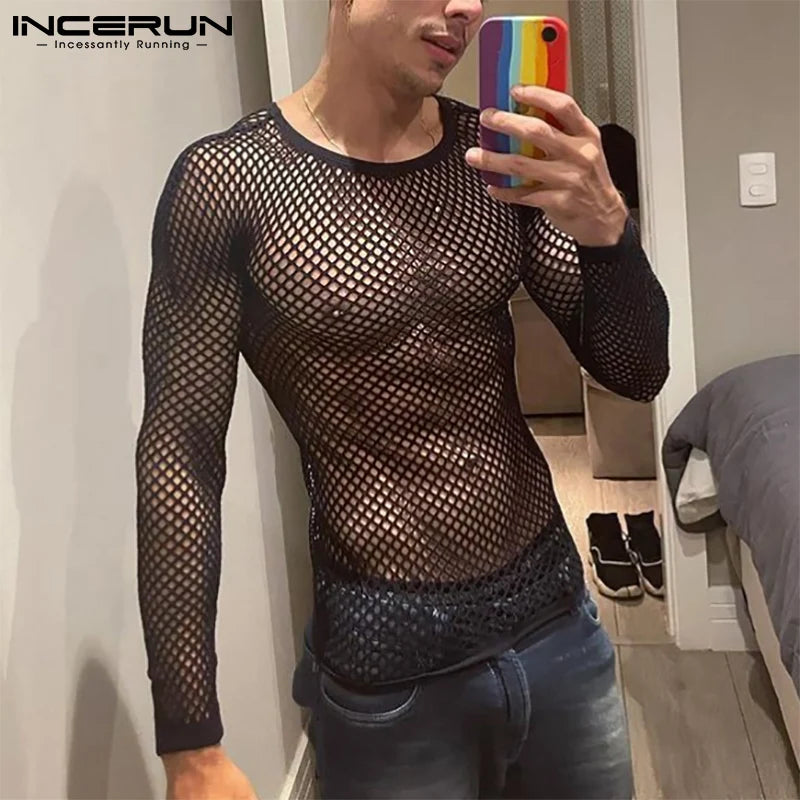 Men T Shirt Mesh Transparent O-neck Long Sleeve T-shirts Sexy Streetwear Fashion Party Nightclub