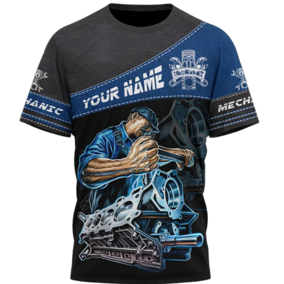 Men's Vintage Mechanic T-Shirt | Personalized Name 3D Print | Casual Summer Top | Oversized Pullover | 5XL 6