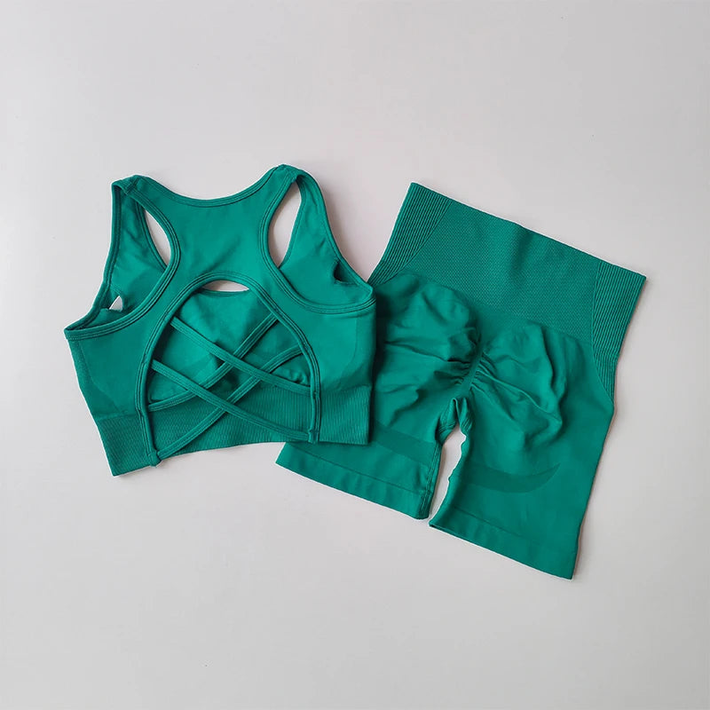 High Waist and Hip Lifting Fitness Set for Women with Beautiful Back Sport Bra Yoga Dress Tight Training and Sports Shorts Suit 3