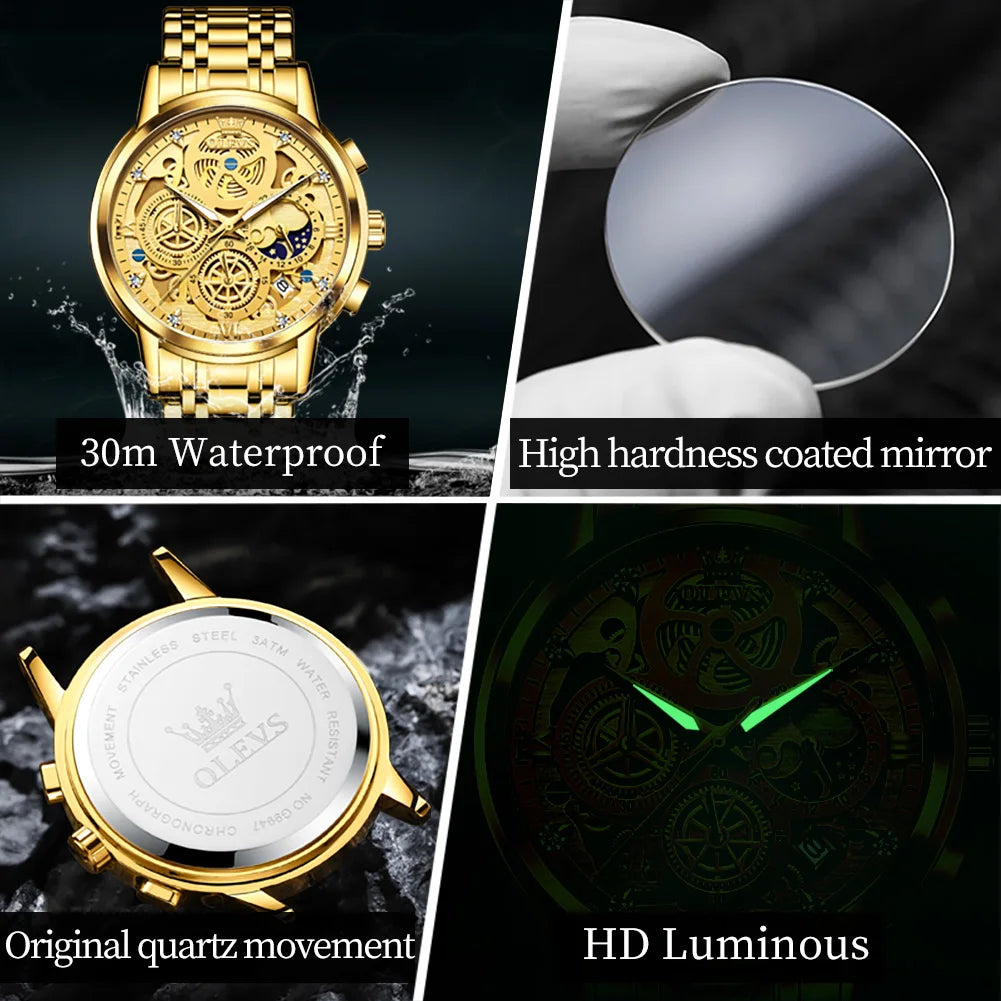 Men's Watches Top Brand Luxury Original Waterproof Quartz Watch for Man Gold Skeleton Style 24 Hour Day Night New 5