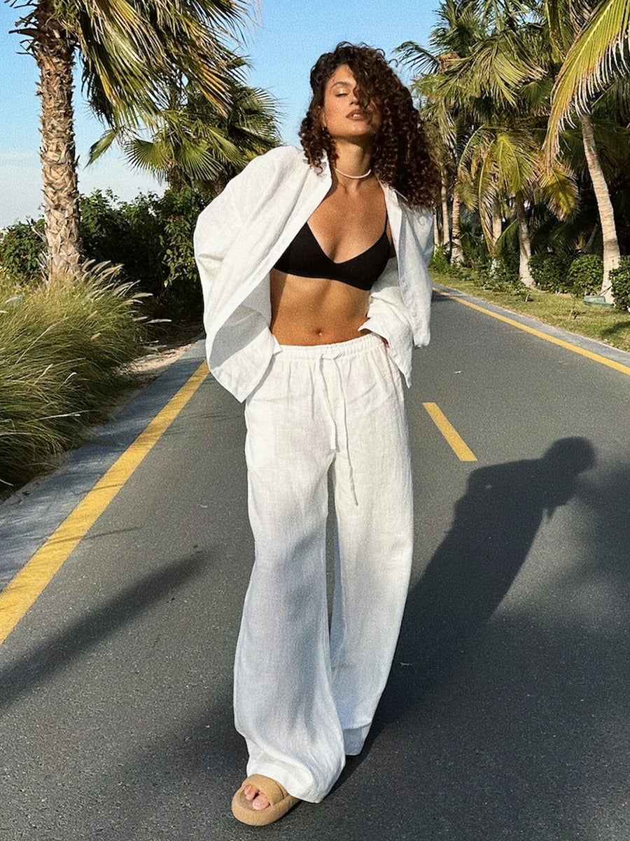 Women's Casual Solid Cotton Linen Pant Sets Chic Laple Single Breasted Long Sleeve Shirt Elasticity Waist Pant New Two Piece Set 2