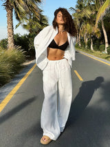 Women's Casual Solid Cotton Linen Pant Sets Chic Laple Single Breasted Long Sleeve Shirt Elasticity Waist Pant New Two Piece Set 2
