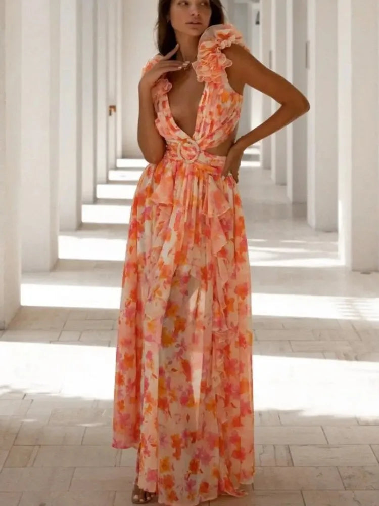 Women V Neck Ruffle Sleeves Printed Long Dresses 2025 Summer Fashion Elegant Beach Vacation Backless Lace-up Sleeveless Dress 3