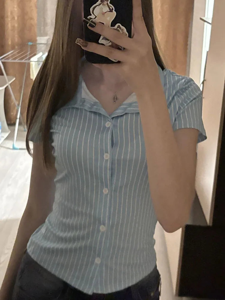 Women's Fashion Loose Cropped Poplin Shirt Vintage Long Sleeve Button-Up Blouse Chic Top with Pockets