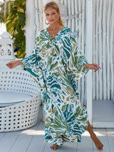 Loose Floral Pleated Kaftan Dresses for Women Wave Neck Swimsuit Cover Up Caftan