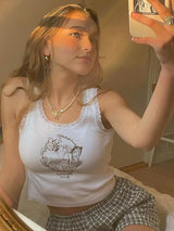 Cartoon Printed Lace Trim White Crop Top Fairy Grunge Summer Clothes for Women Cute Slim Fit Ribbed Tank Tops 8