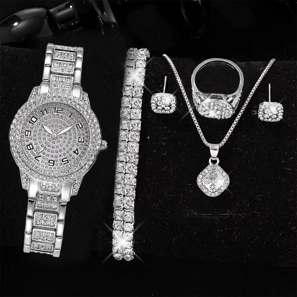 Full Diamond Roman Literal Steel Strip Watch with Starry Charm Business Quartz Watch Set 4