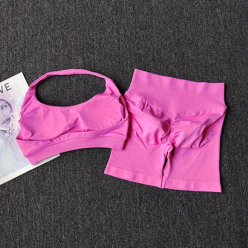 2 Pieces Yoga Suit for Women Seamless Fitness Gym Clothes Halter Sports Bra Matching Impact Shorts Workout Sets Gym Outfit 2