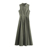 MUJER Zipper Long Dress Woman Pleated Sleeveless Bodycon Dress Summer Elegant Party Dresses For Women 2025 New Midi Dresses