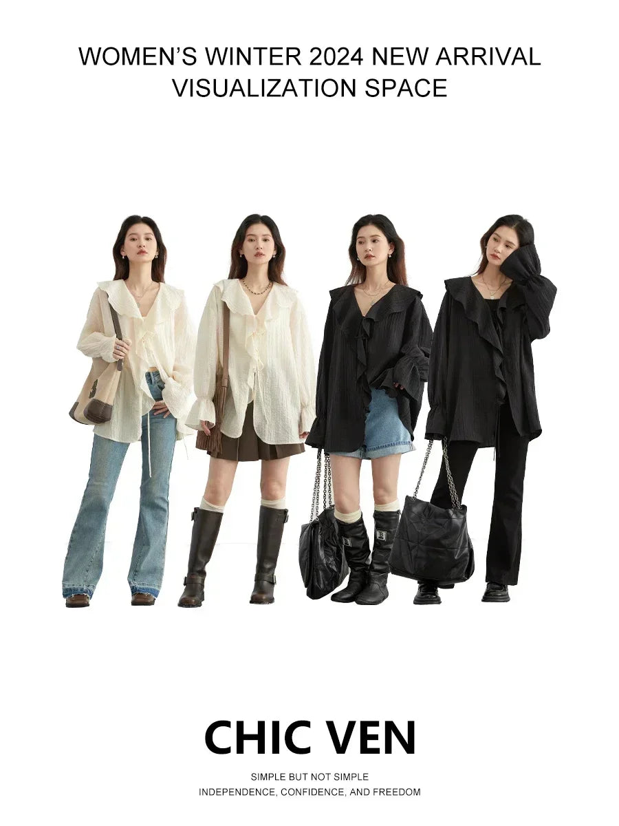 CHIC VEN Women Shirt Loose Casual Ruffled Edges Female Blouses V Neck Lace Up Mid Length Woman Shirts Spring Summer 2024 2
