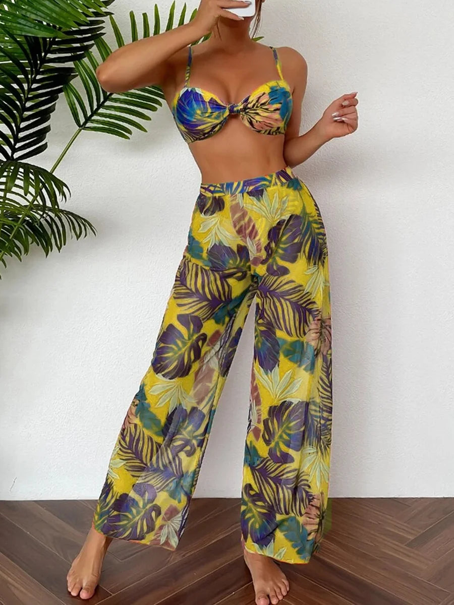 2024 Women's Print Three-Piece Bikini with Long Pants Swimsuit 5