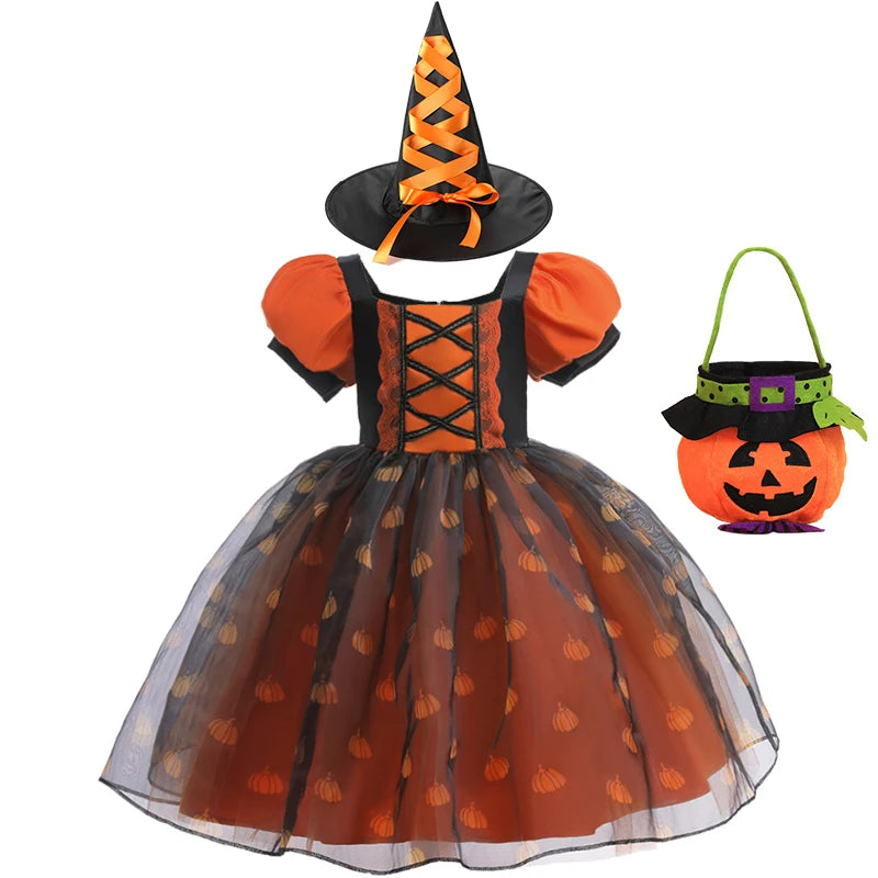 Girls' Halloween Pumpkin Witch Princess Dress