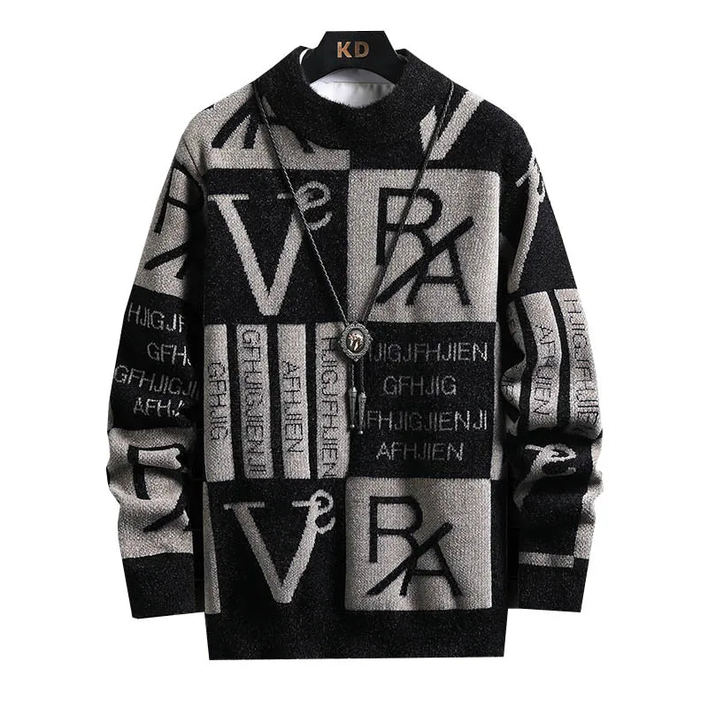 Men Knitted Sweater Stripe Pullovers Printing Round Neck Sweater 5