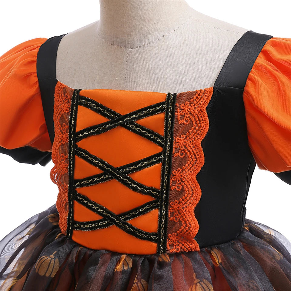 Fancy Girl Halloween Disguised Child Pumpkin Print Witch Princess Dress Children Cosplay Masquerade Party Performance Clothing 5