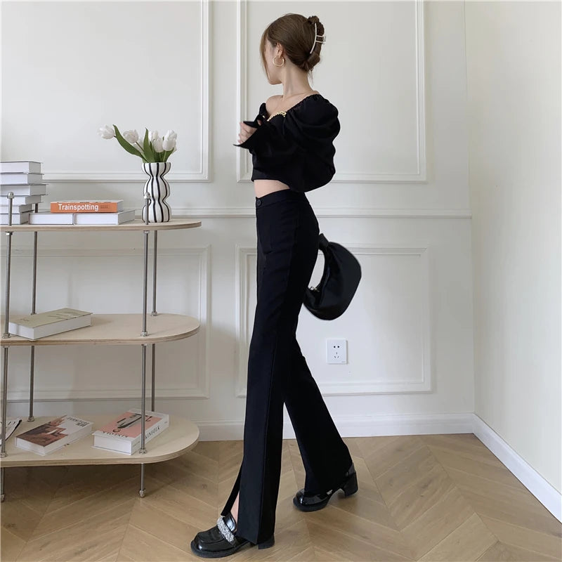 QOERLIN Micro-Flared Pants Women's High Waist Slim Casual Chic Wide Leg Split Trousers Elegant Black White Suits Pants 5