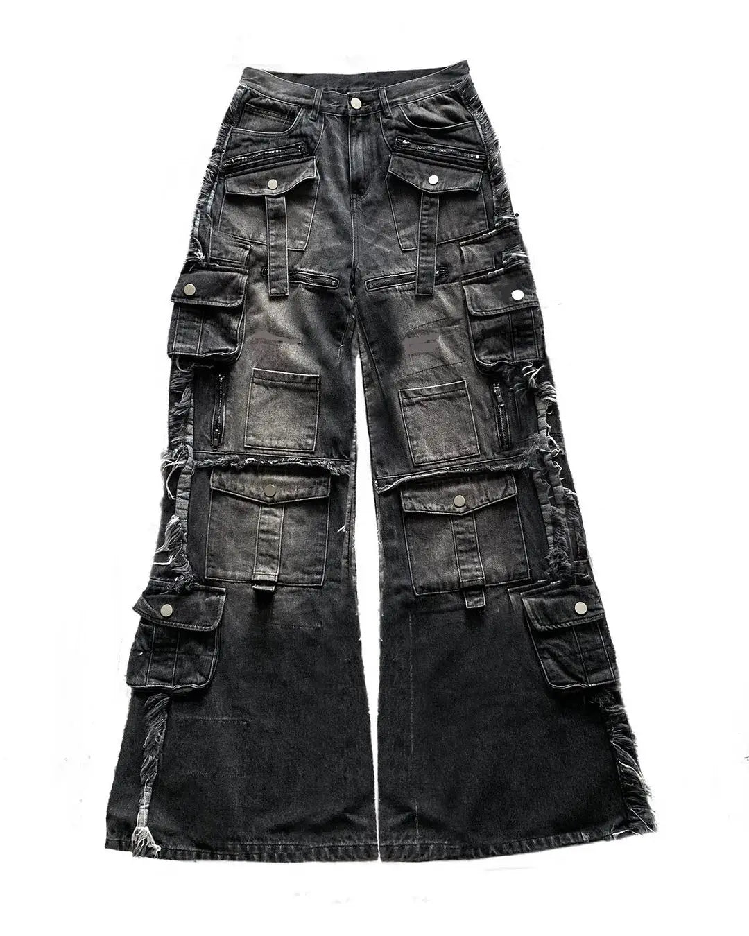Gothic Harajuku Y2K Multi-Pocket Washed Black Jeans - Men's Loose Wide Leg Drag Pants, 90s Hip Hop Streetwea