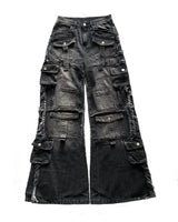 Gothic Harajuku Y2K Multi-Pocket Washed Black Jeans - Men's Loose Wide Leg Drag Pants, 90s Hip Hop Streetwea