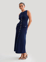 Elegant Lady Knitted Single Breasted Long Dresses Women Solid Sleeveless O Neck Button Bodycon 3