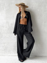 Women's Casual Solid Cotton Linen Pant Sets Chic Laple Single Breasted Long Sleeve Shirt Elasticity Waist Pant New Two Piece Set 5