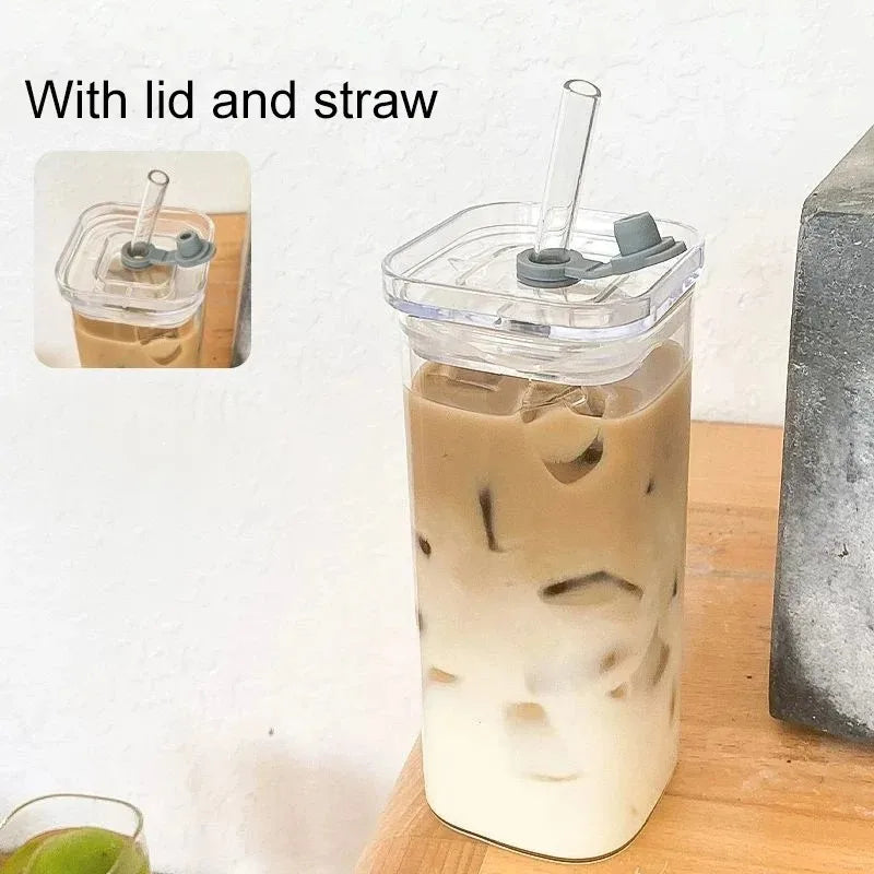 1Pcs Square Heat Resistant Coffee Glass Cup With Lid and Straw Transparent Milk Tea Juice Cups Coffee Mug For Home Bar Drinkware 3