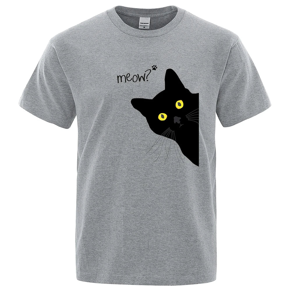Black Cat Print T-Shirt - Funny Meow Design, Men's Loose Fit Summer Top