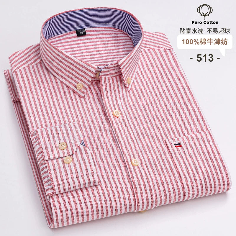 100-Cotton-Oxford-Men-s-Shirts-Long-Sleeves-Plaid-Soft-Regular-Fit-Formal-Dress-Shirt-Pocket