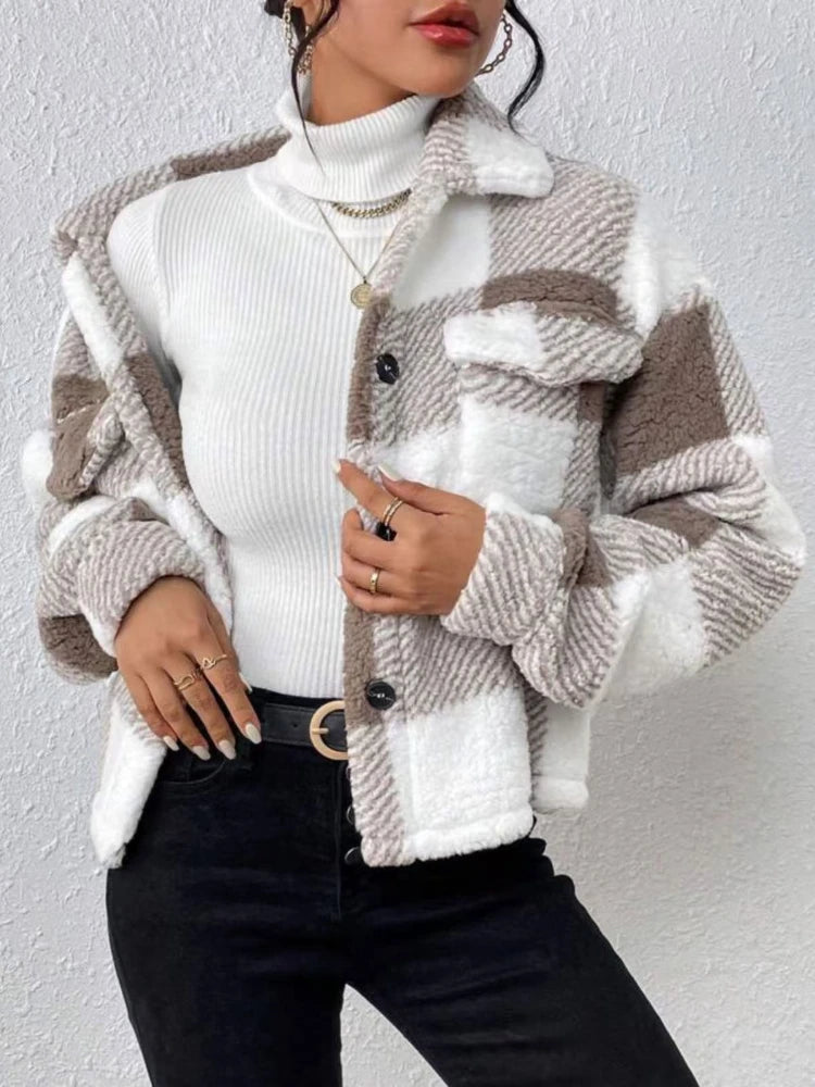 Autumn/winter Elegant Winter Coat Female Women's Urban New in Coat Plaid Pattern Lapel Button Fleece Women's Winter Coats 5
