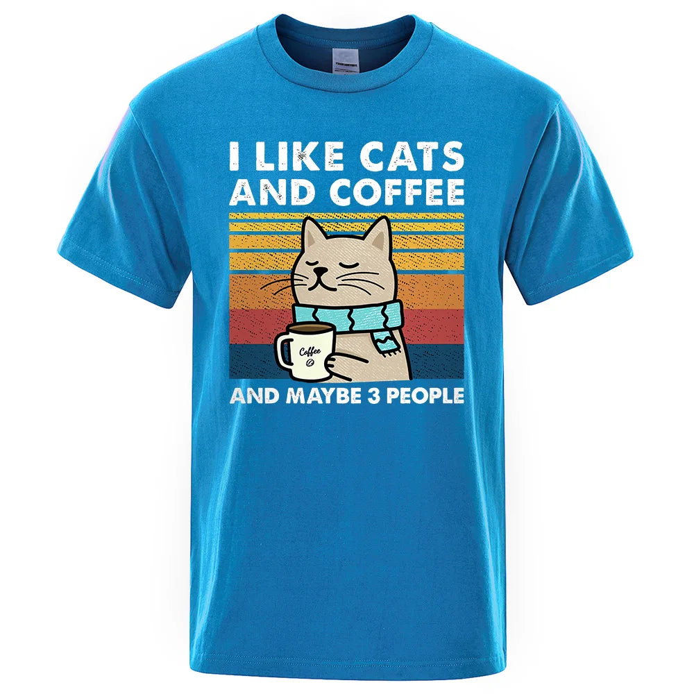 "I Like Cats and Coffee" Funny T-Shirt for Men | Casual Loose Fit Cotton Crewneck | Hip Hop Style