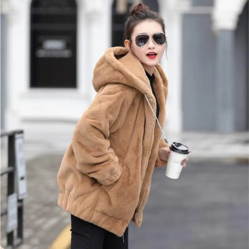 Casual And Fashionable Hooded Jacket 2025 Autumn/Winter Collection Loose Plush Warm Long-sleeved Short Jacket With Fleece Zipper 5
