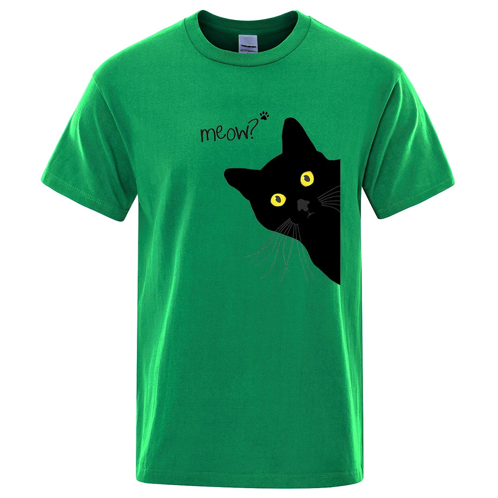 Black Cat Print T-Shirt - Funny Meow Design, Men's Loose Fit Summer Top