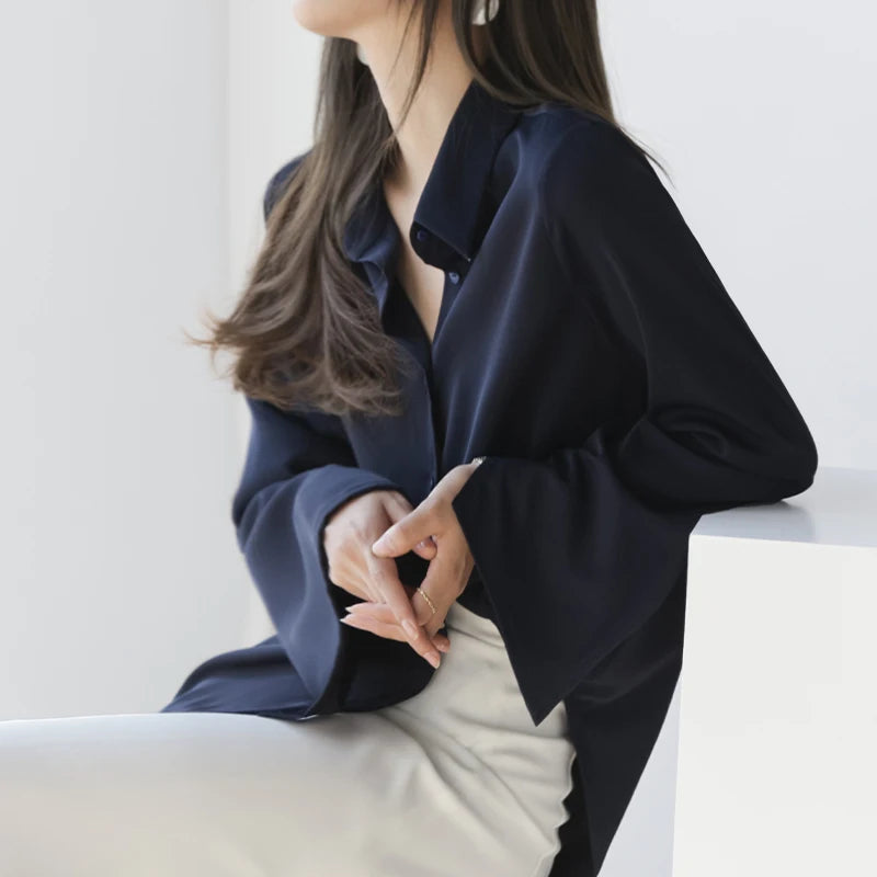 Women Chiffon Blouse Fashion Solid Long Flare Sleeve OL Office Lady Work Top Shirts V-neck White Shirt Elegant Female Clothes 5