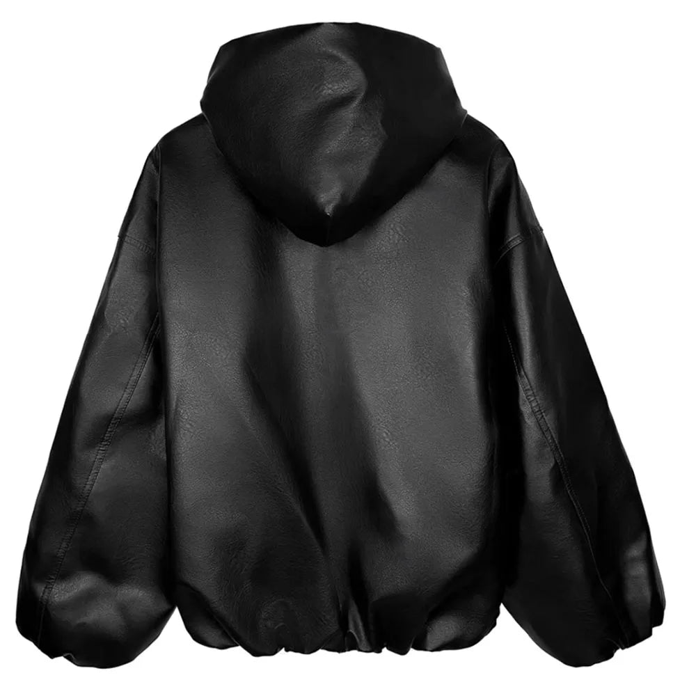 High Street Black Color Pu Leather WIndbreaker Coat Mens and Women Cleanfit Casual Loose Zipper Hooded Jackets Oversized 2