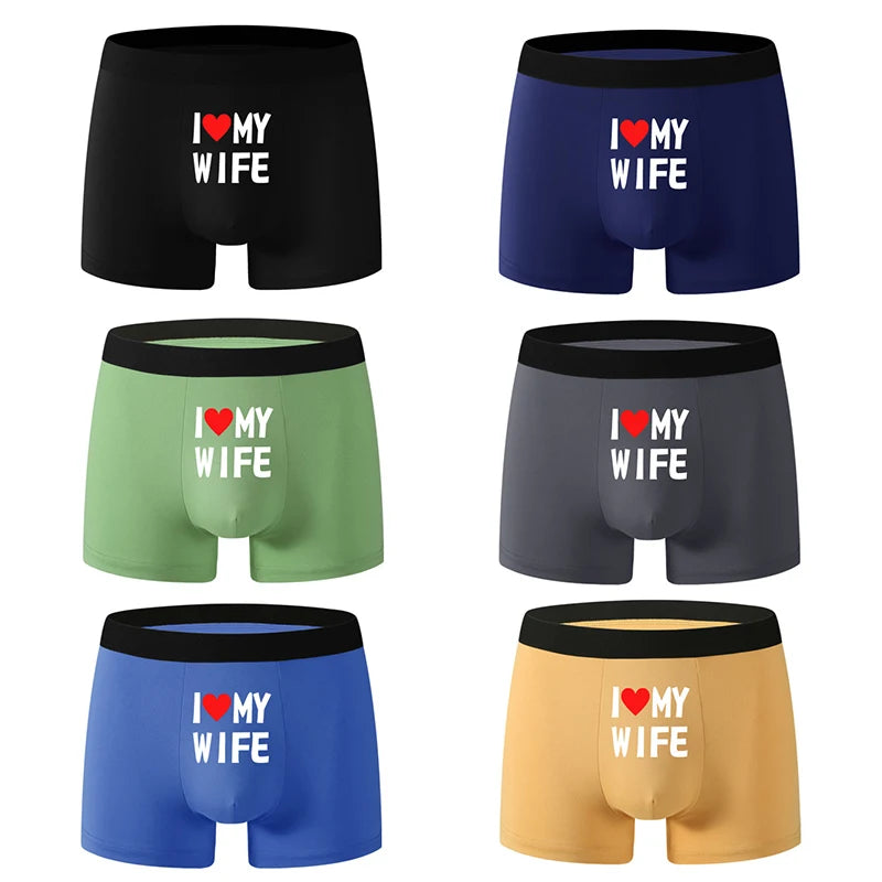 6pcs/set Men Underwear Solid Color Men Boxer Shorts Fashion Personalized Printing I Love My Wife Soft Breathable Men Underpant