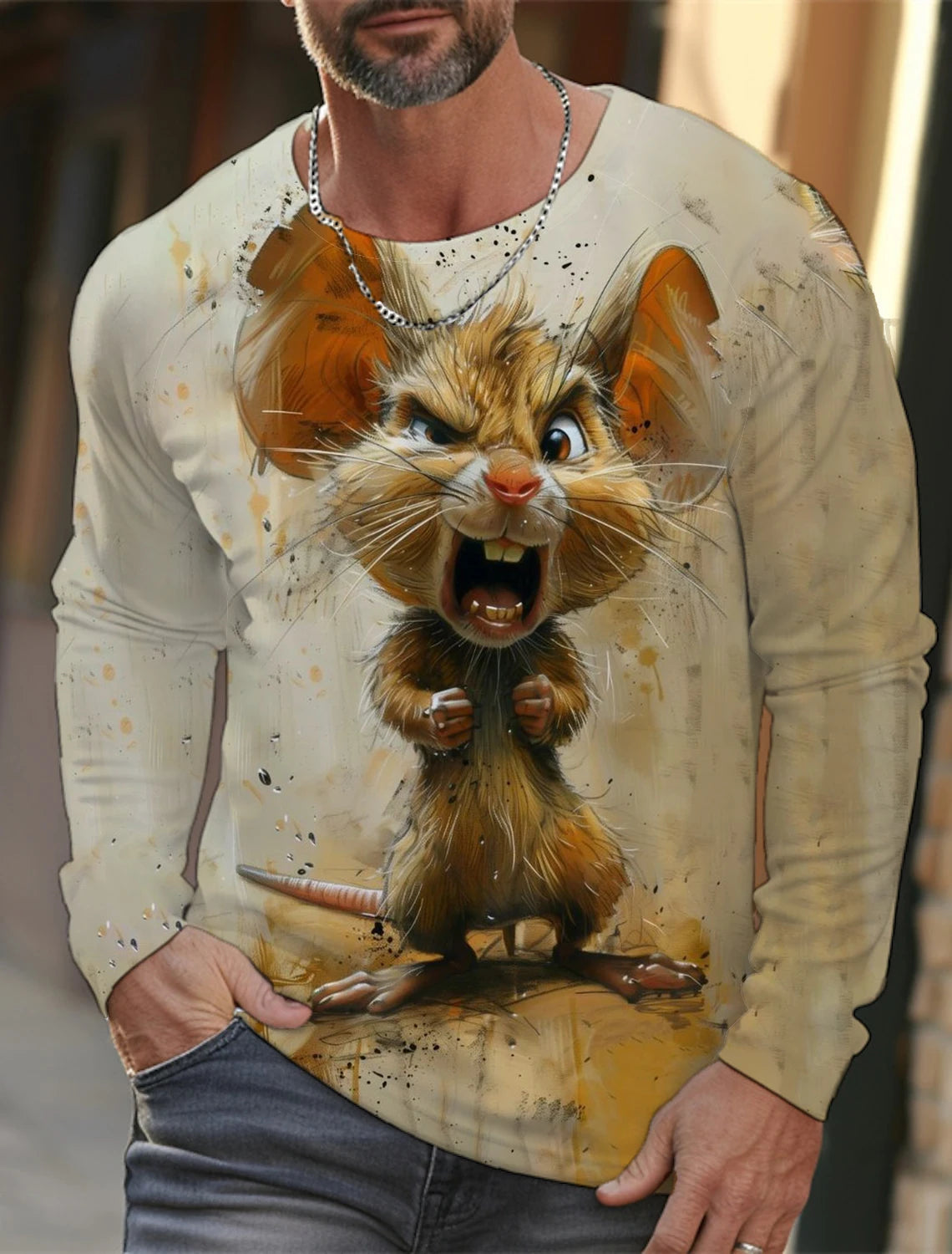 Funny 3D Animal Print Mens Top Fashion Cotton Long Sleeve T-shirt Men