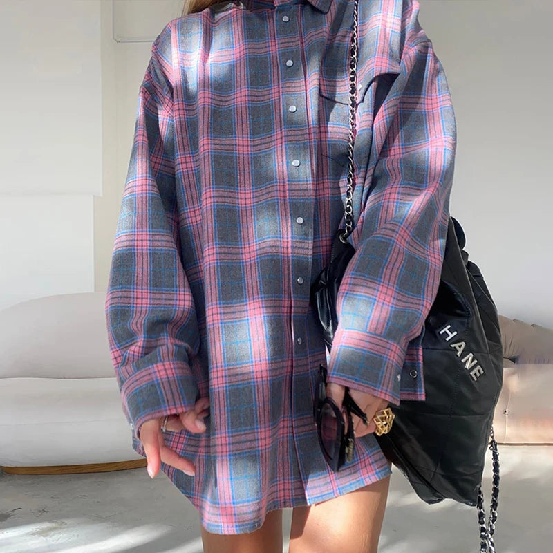 FSMG-Versatile Plaid Shirt For Women, Red Bright Grid, Oversized Blouse, Leisure And Fashionable Top, Spring And Autumn Seasons 3