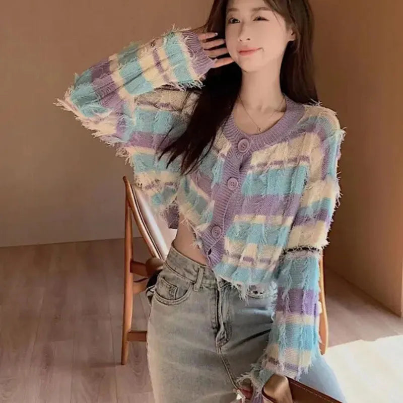 Patchwork Striped Cardigan Women Tassel Long Sleeve Knitted Sweet Sweater Fashion Purple Button Autumn Cropped Tops 2