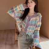 Patchwork Striped Cardigan Women Tassel Long Sleeve Knitted Sweet Sweater Fashion Purple Button Autumn Cropped Tops 2