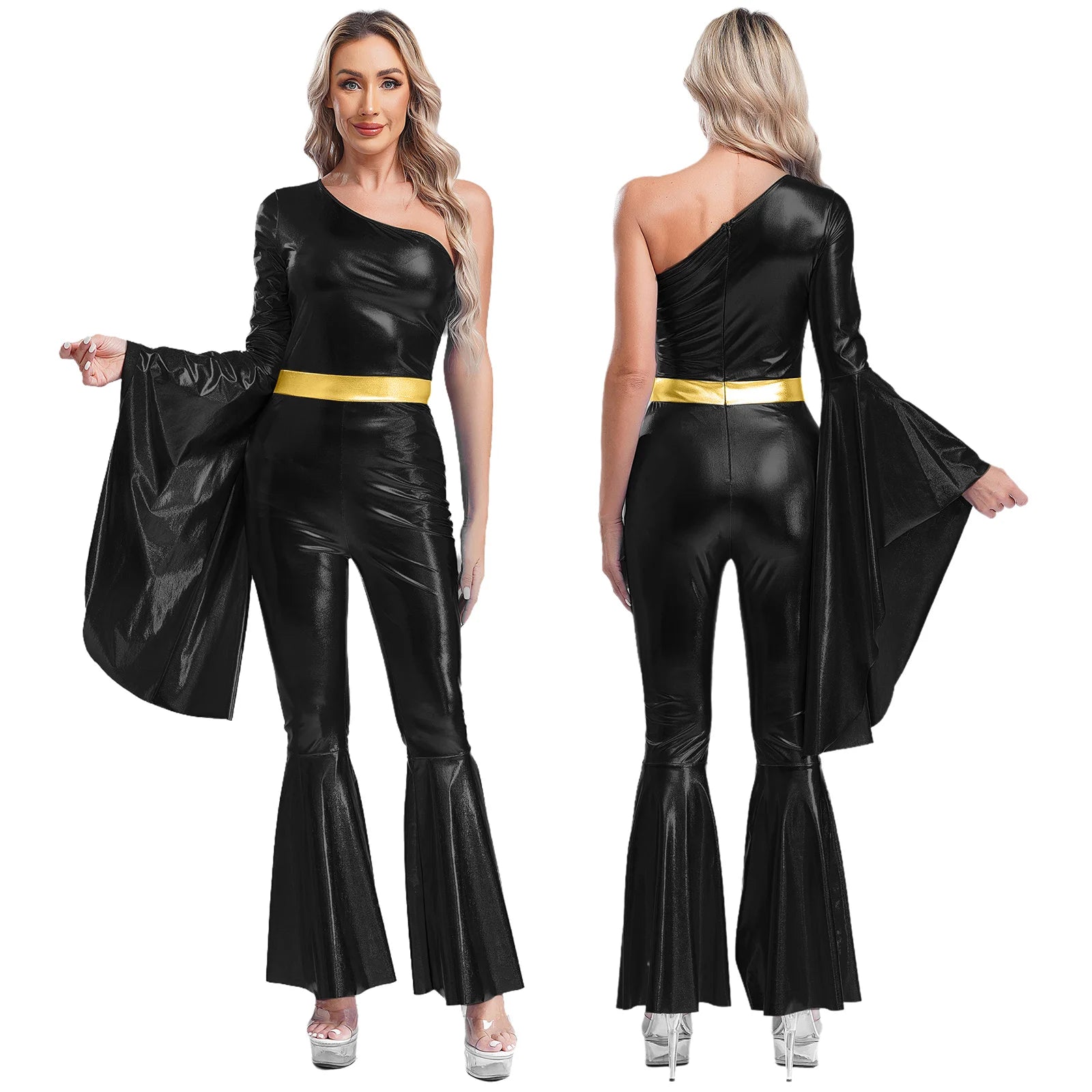 Women's 70s Disco Jumpsuit | Metallic Shiny Bell Bottom Jumpsuit | Halloween Costume, Rave Outfit