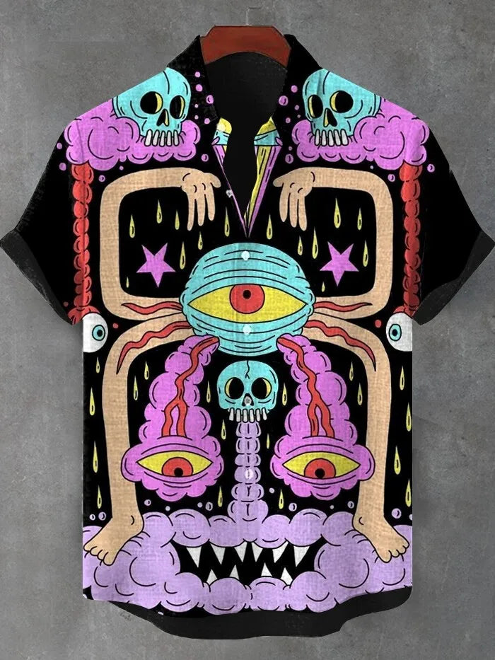 Men's Playful Cat Graphic Button-Down
