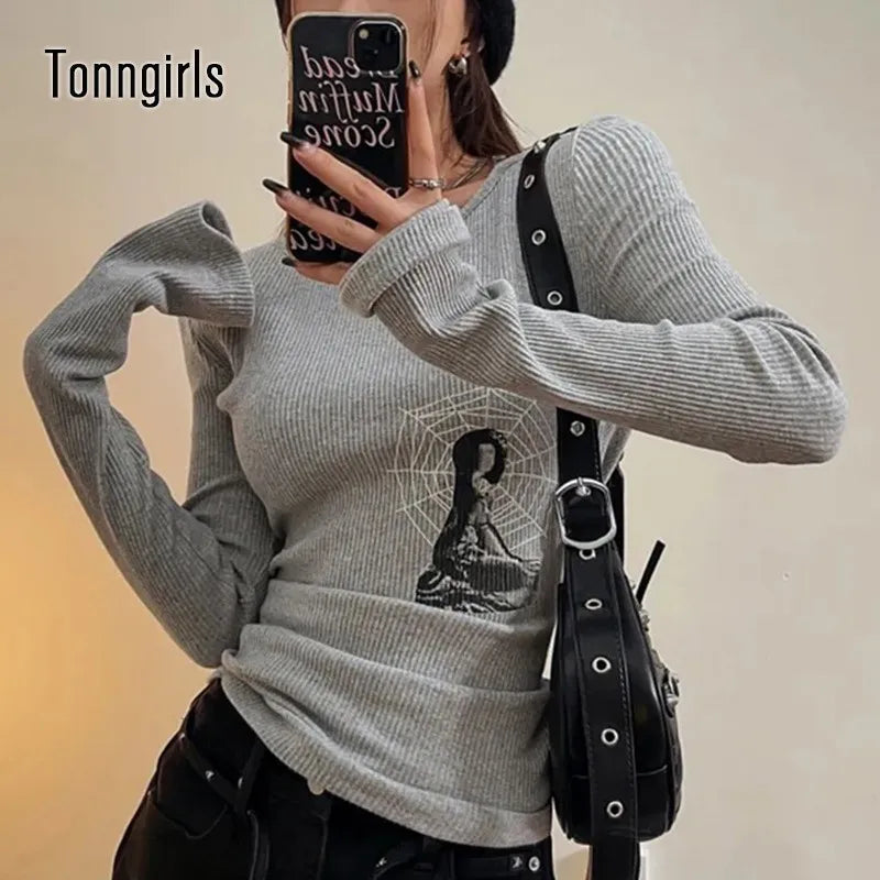 Tonngirls Grunge Aesthetic T Shirt Women Elastic Skinny Tops Y2k Vintage Crop Tops Print Graphic T Shirts American Retro Tshirts 1