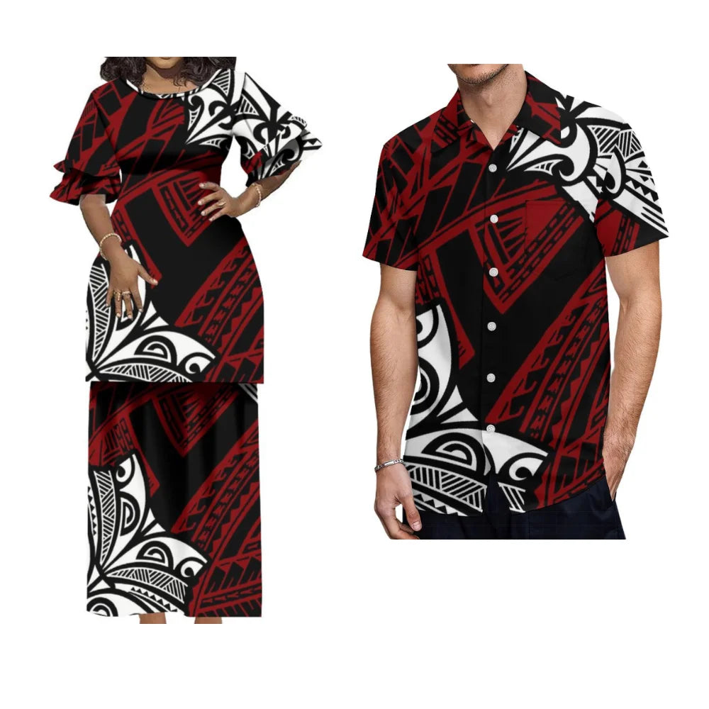 Matching Hawaiian Style Couple's Outfit: Women's Long Puletasi & Men's Summer Shirt 2