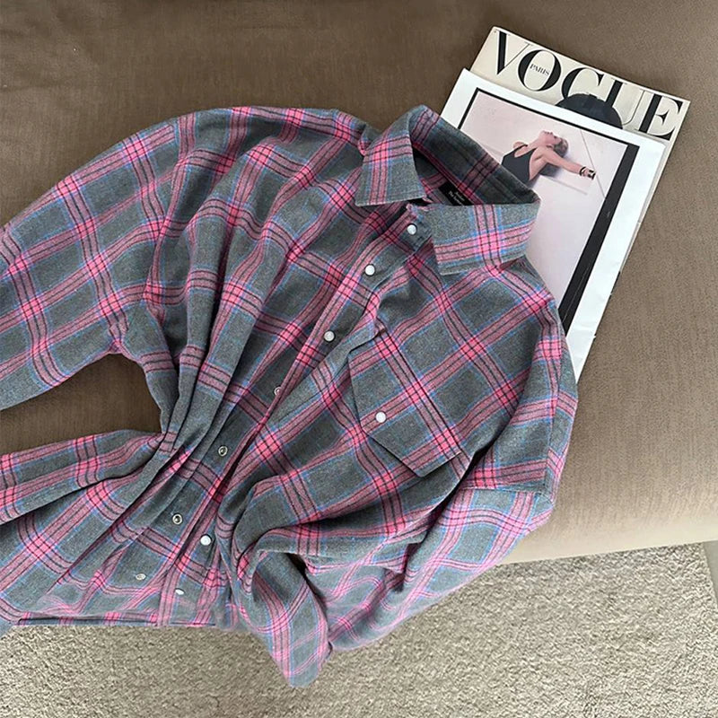 FSMG-Versatile Plaid Shirt For Women, Red Bright Grid, Oversized Blouse, Leisure And Fashionable Top, Spring And Autumn Seasons 4