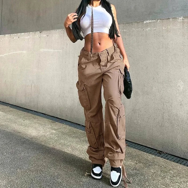 Autumn/Winter New Womens Cargo Straight Trousers High Waist Loose Wide Leg Vintage Dad Jeans for Women